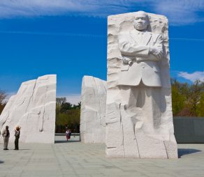 Washington DC, USA - March 28, 2012: Martin Luther King, Jr. Memorial. It is located in West Potomac Park in Washington, D.C., southwest of the National Mall.  Sculptor: Lei Yixin. Material: Granite. Opening date: October 16, 2011. Tourists are walking around and enjoying the monument.